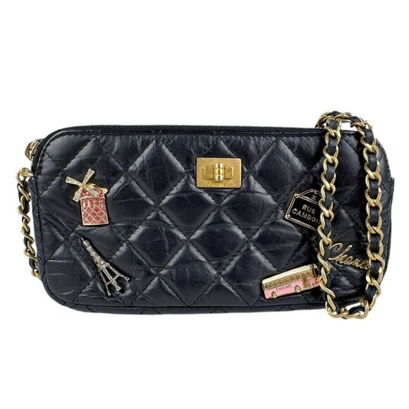 Auth CHANEL 2.55 Chain Wallet Crossbody Bag Black/Gold Leather/Metal - Picture 1 of 16